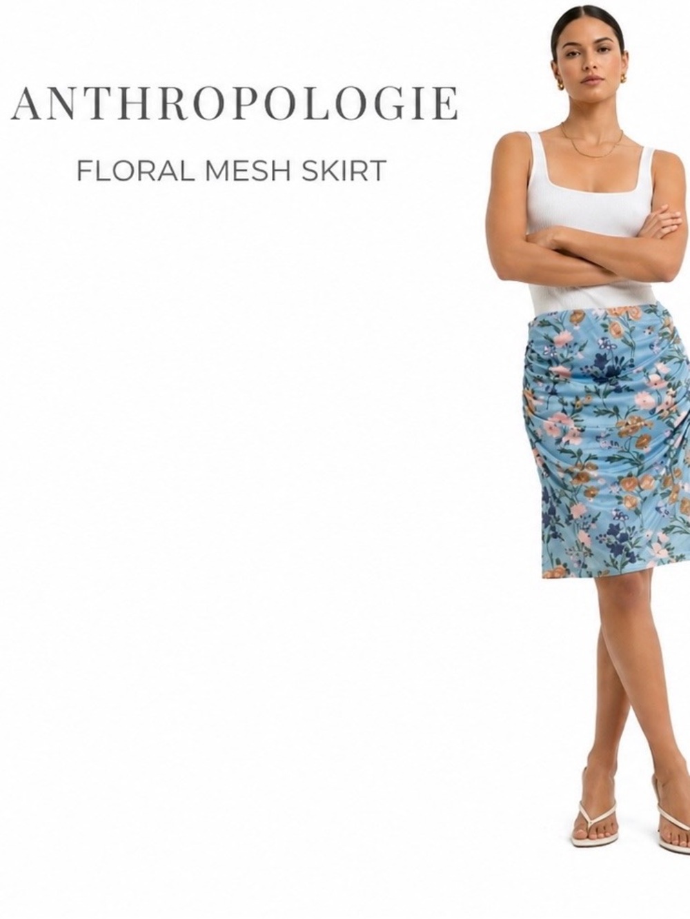 Anthropologie Blue Floral Mesh Ruched‎ Mini Skirt